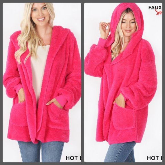 Zenana Outfitters Jackets & Blazers - NEW HOT PINK SHERPA FAUX FUR HOOD TEDDY JACKET